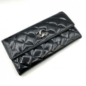 CHANEL Matelasse Coco Mark Long Flap Wallet in Enamel and Patent Leather, Black